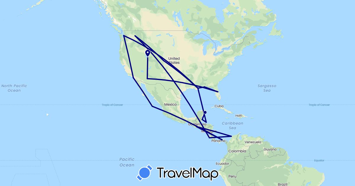 TravelMap itinerary: driving in Belize, Colombia, Costa Rica, Guatemala, Honduras, Mexico, Panama, United States (North America, South America)